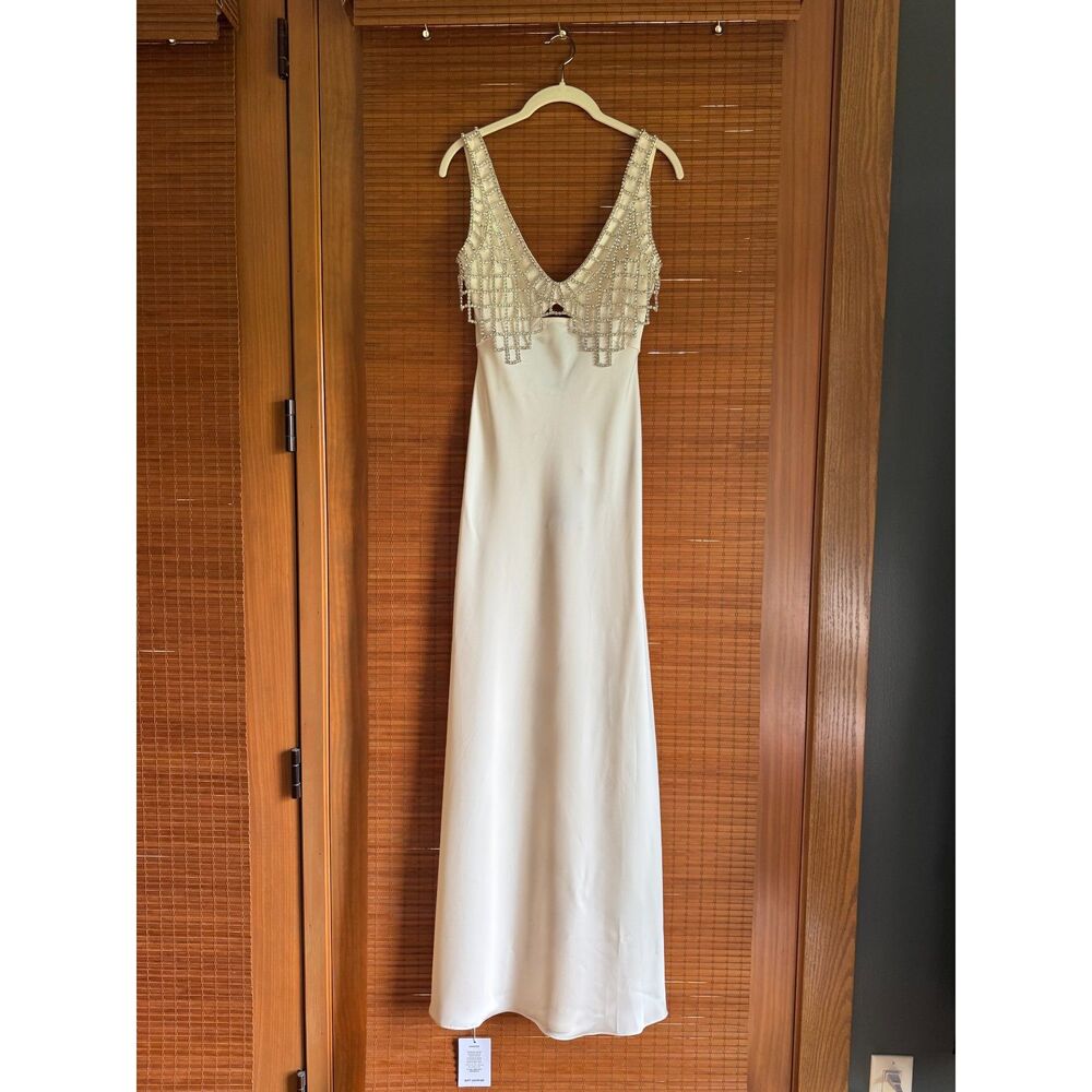 Self-Portrait Diamanté Bralette Maxi Dress in Cream Ivory Satin Rhinestone US 2 - Picture 4 of 10